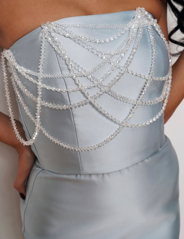 Blue Strapless Beaded Mermaid Floor-Length Evening Dress Sleeveless