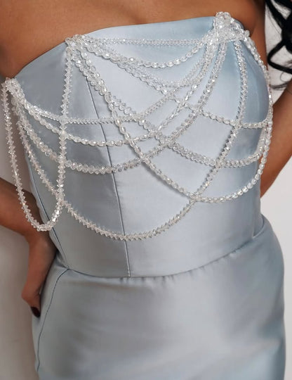 Blue Strapless Beaded Mermaid Floor-Length Evening Dress Sleeveless