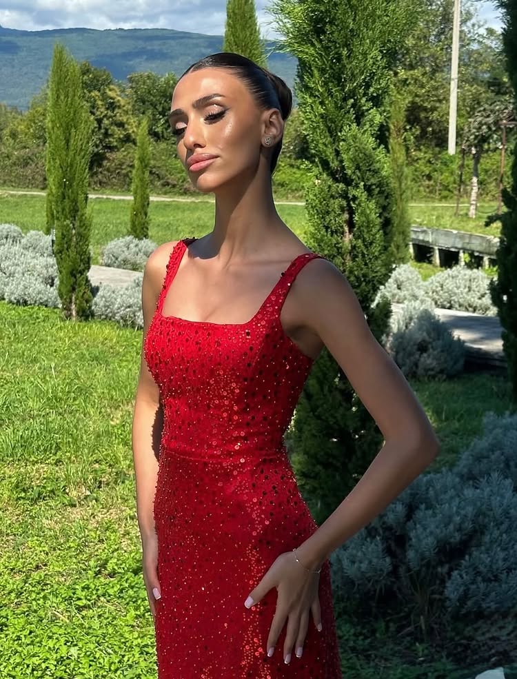 Red Sexy Spaghetti Straps Sequin Sparkle Mermaid Evening Dress