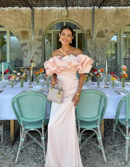 Pink Off the Sholder Sleeveless Mermaid Ruched Evening Dress Floor-Length