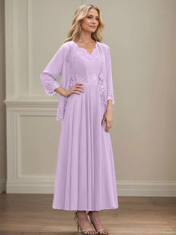 A-line V-Neck Ankle-Length Chiffon Mother of the Bride Dress