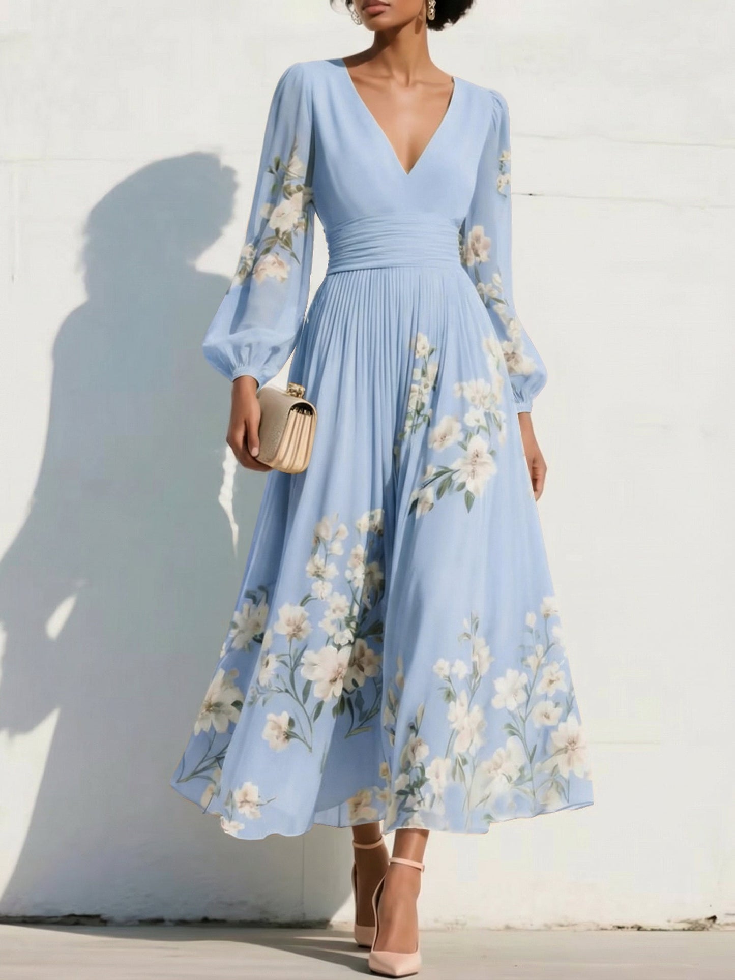 V-Neck Print-Chiffon Pleated Tea-Length Mother of the Bride Dress