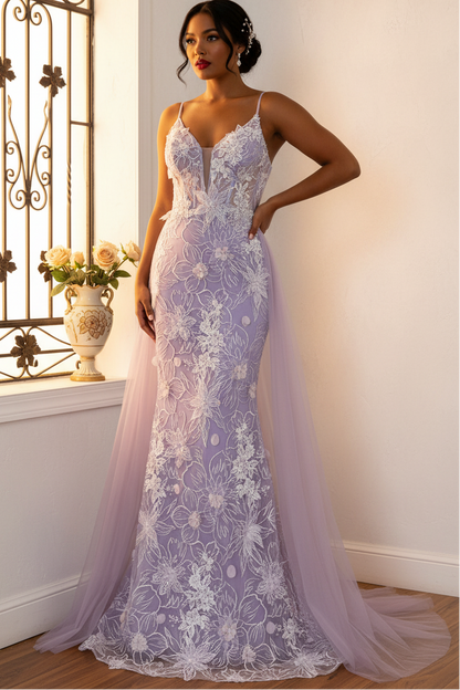 Lavender Floral Embroidered Mermaid Prom Dress