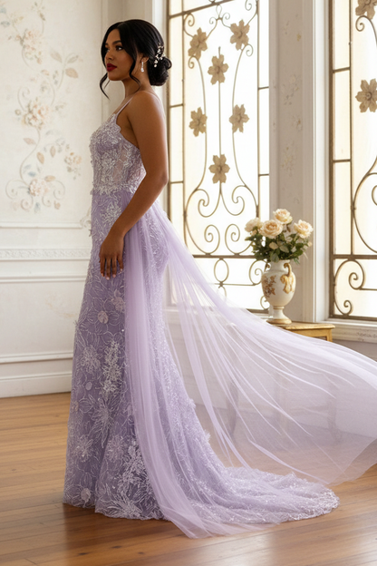 Lavender Floral Embroidered Mermaid Prom Dress