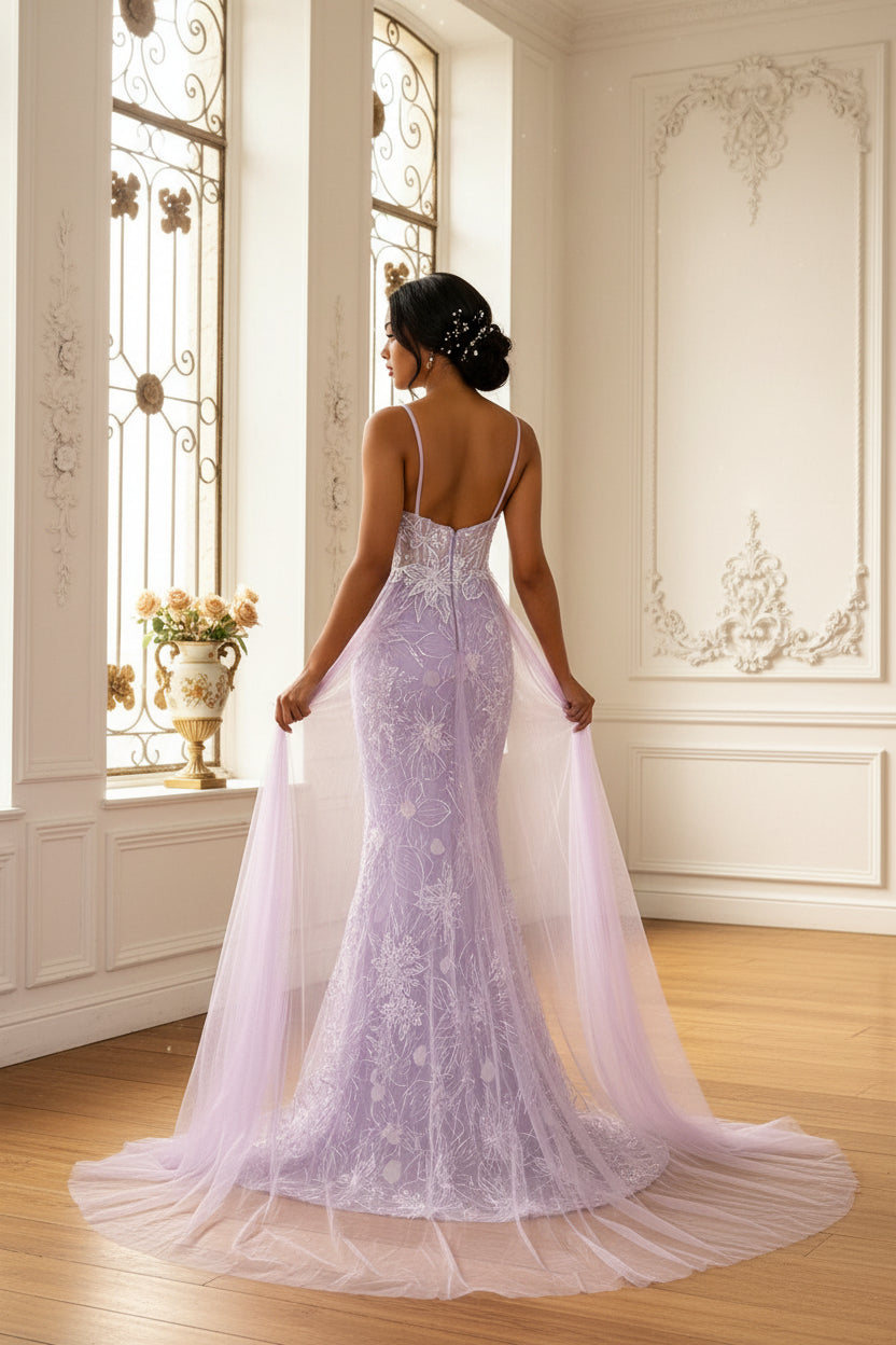 Lavender Floral Embroidered Mermaid Prom Dress