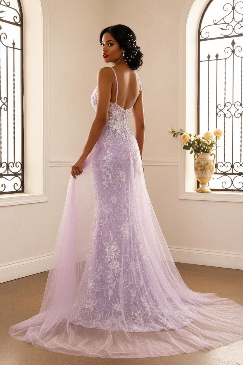 Lavender Floral Embroidered Mermaid Prom Dress