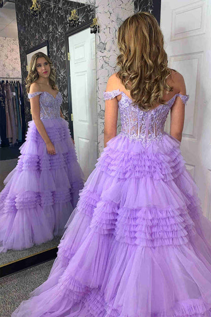 Lavender Off the Shoulder Sweetheart Lace Corset Ruffle Prom Dress