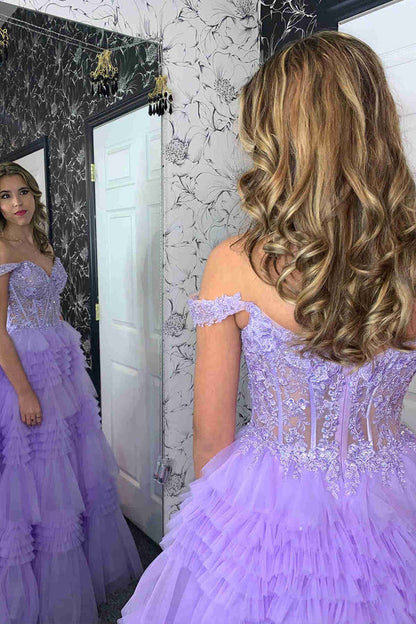 Lavender Off the Shoulder Sweetheart Lace Corset Ruffle Prom Dress