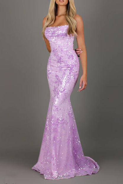 Lavender Purple Sequin Mermaid Long Prom Dress with Lace Appliques