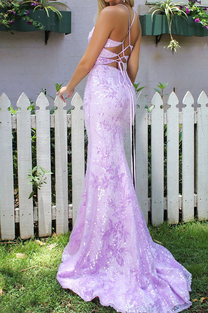 Lavender Purple Sequin Mermaid Long Prom Dress with Lace Appliques