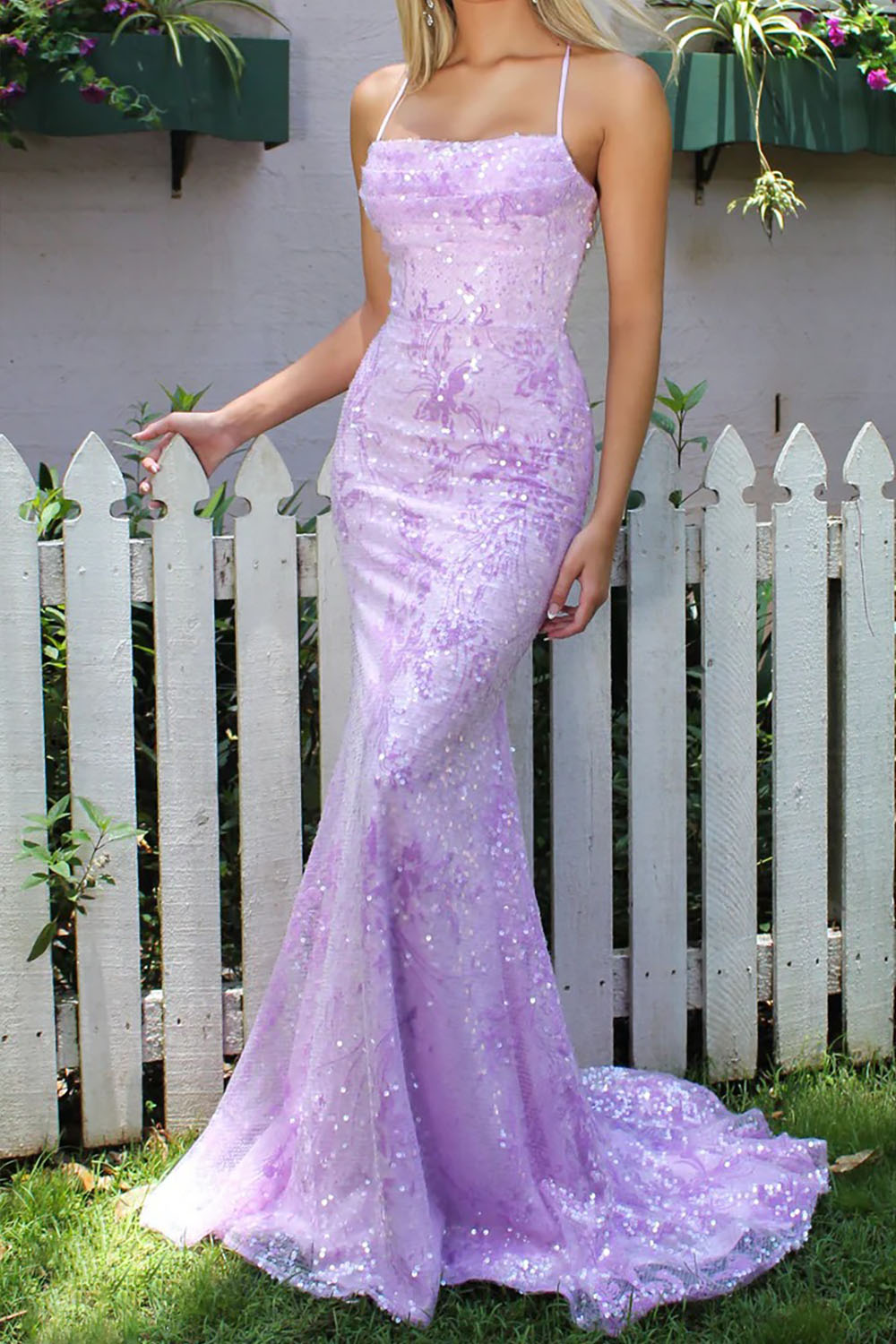 Lavender Purple Sequin Mermaid Long Prom Dress with Lace Appliques