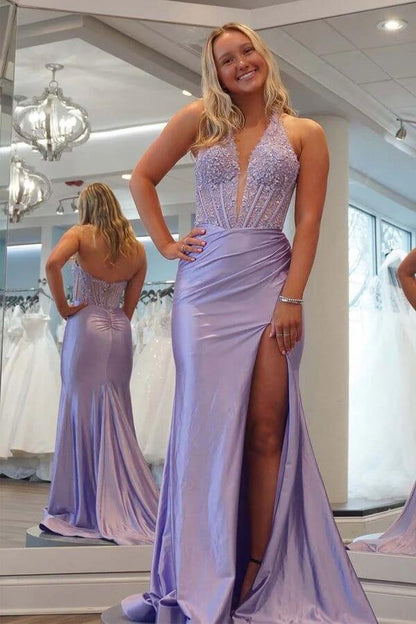 Lavender Sheath Deep V-neck Long Prom Dress