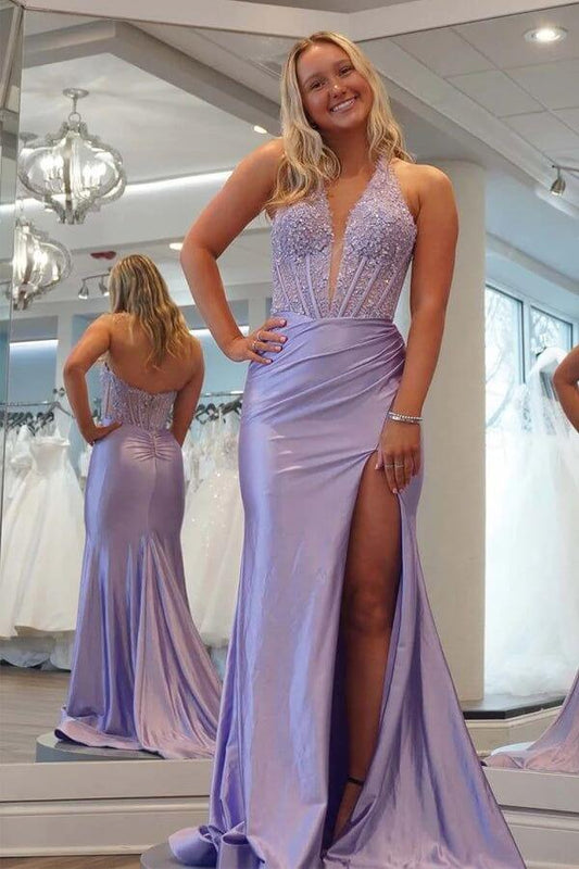 Lavender Sheath Deep V-neck Long Prom Dress