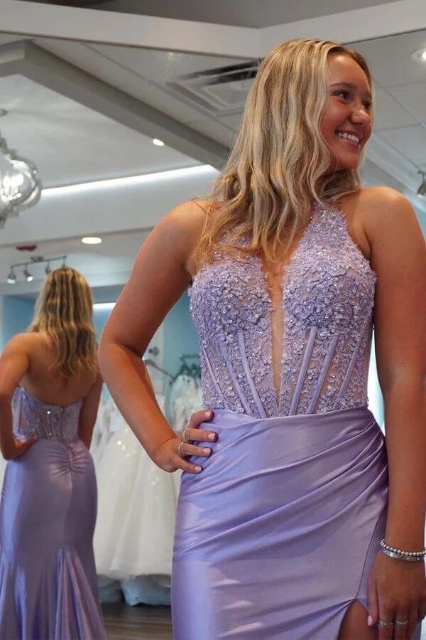 Lavender Sheath Deep V-neck Long Prom Dress
