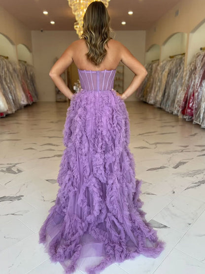 Lavender Strapless Tulle Ruffled Corset Prom Dress with Slit