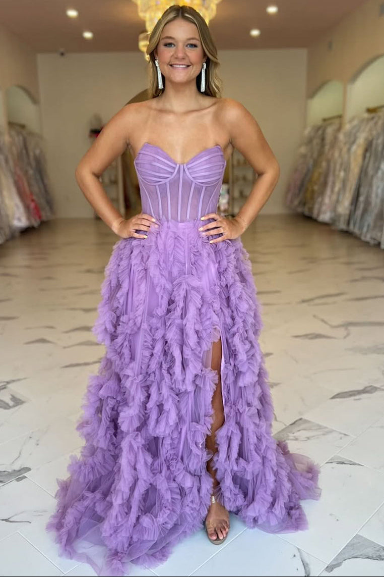 Lavender Strapless Tulle Ruffled Corset Prom Dress with Slit