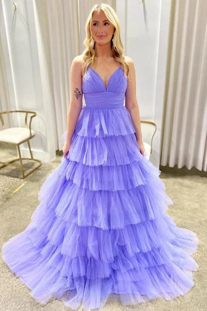 Lavender Tulle Tiered A-line V-neck Long Prom Dresses With Ruffles
