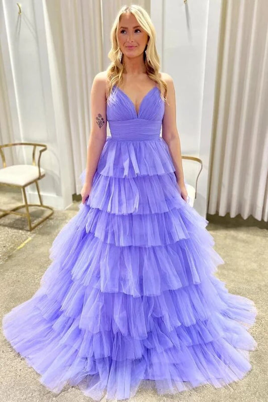 Lavender Tulle Tiered A-line V-neck Long Prom Dresses With Ruffles