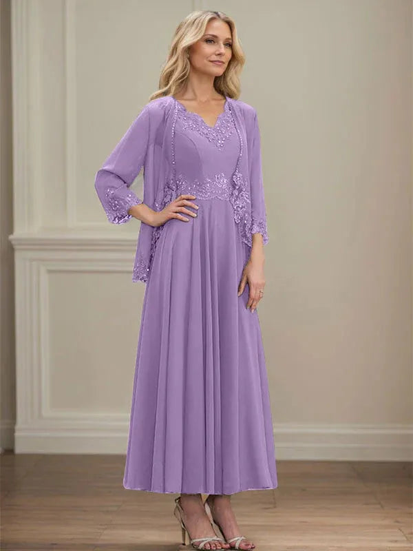 A-line V-Neck Ankle-Length Chiffon Mother of the Bride Dress