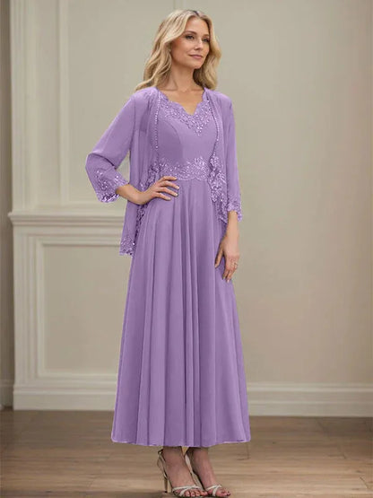 A-line V-Neck Ankle-Length Chiffon Mother of the Bride Dress