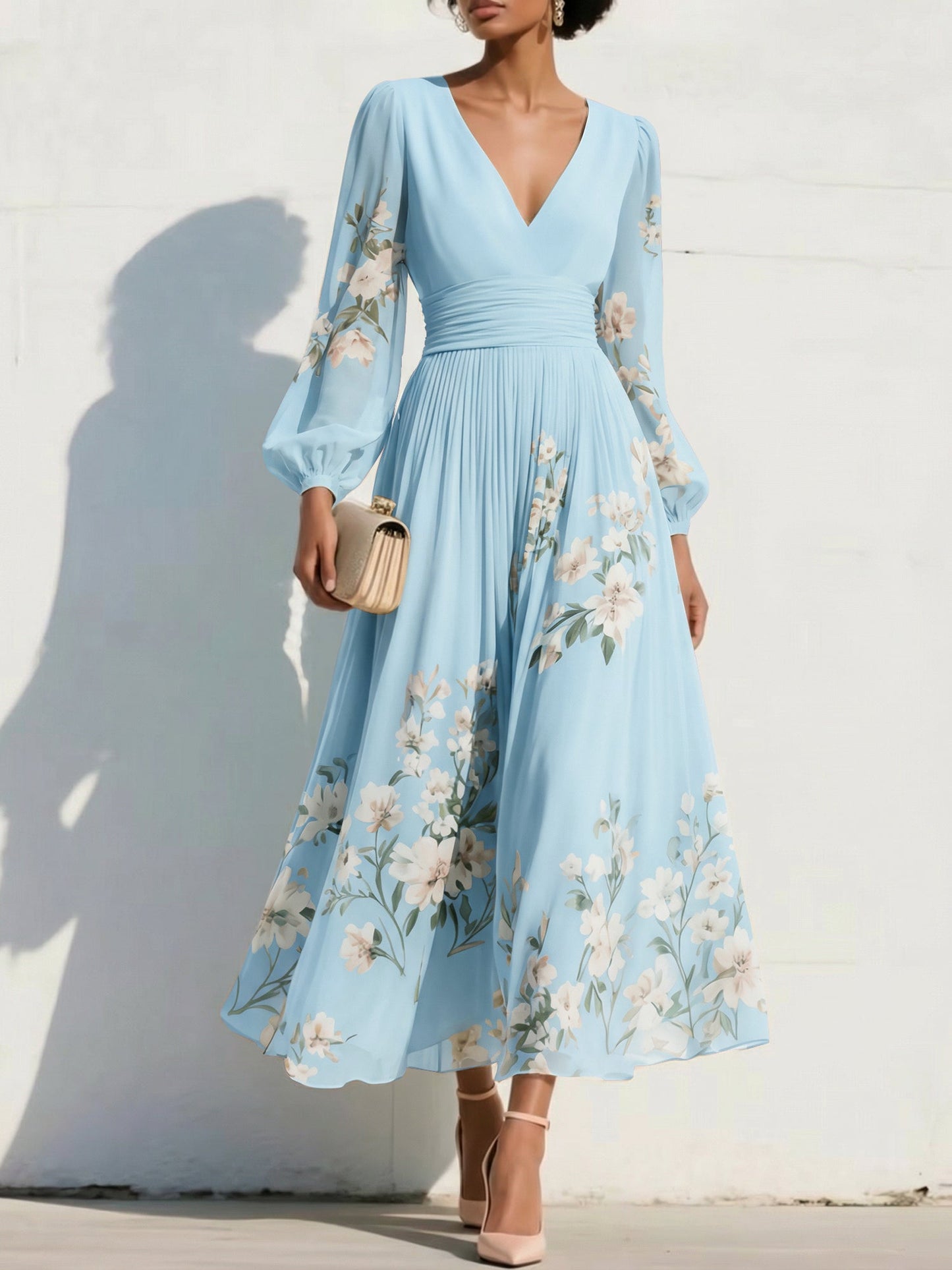 V-Neck Print-Chiffon Pleated Tea-Length Mother of the Bride Dress