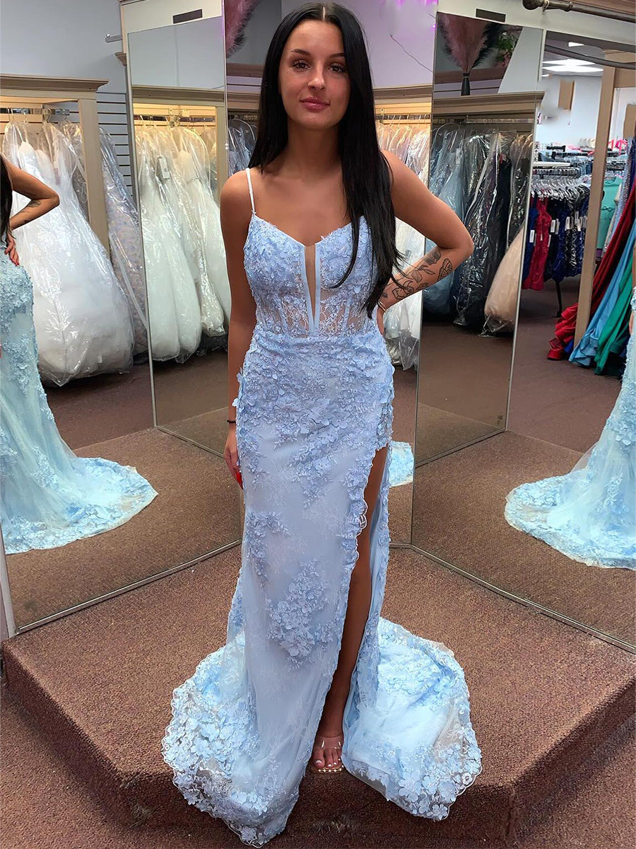 Light Blue 3D Floral Lace Long Corset Prom Dress with Slit