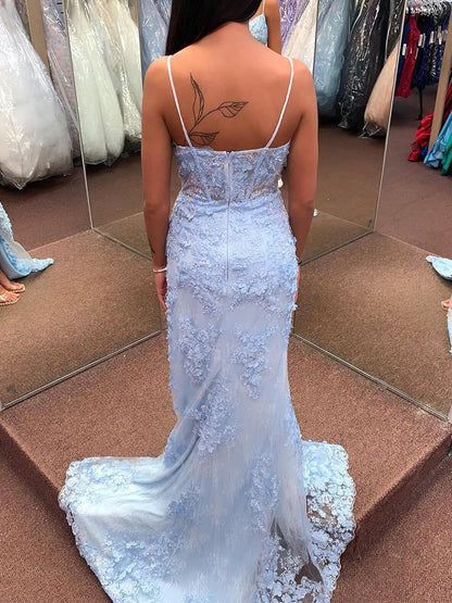 Light Blue 3D Floral Lace Long Corset Prom Dress with Slit