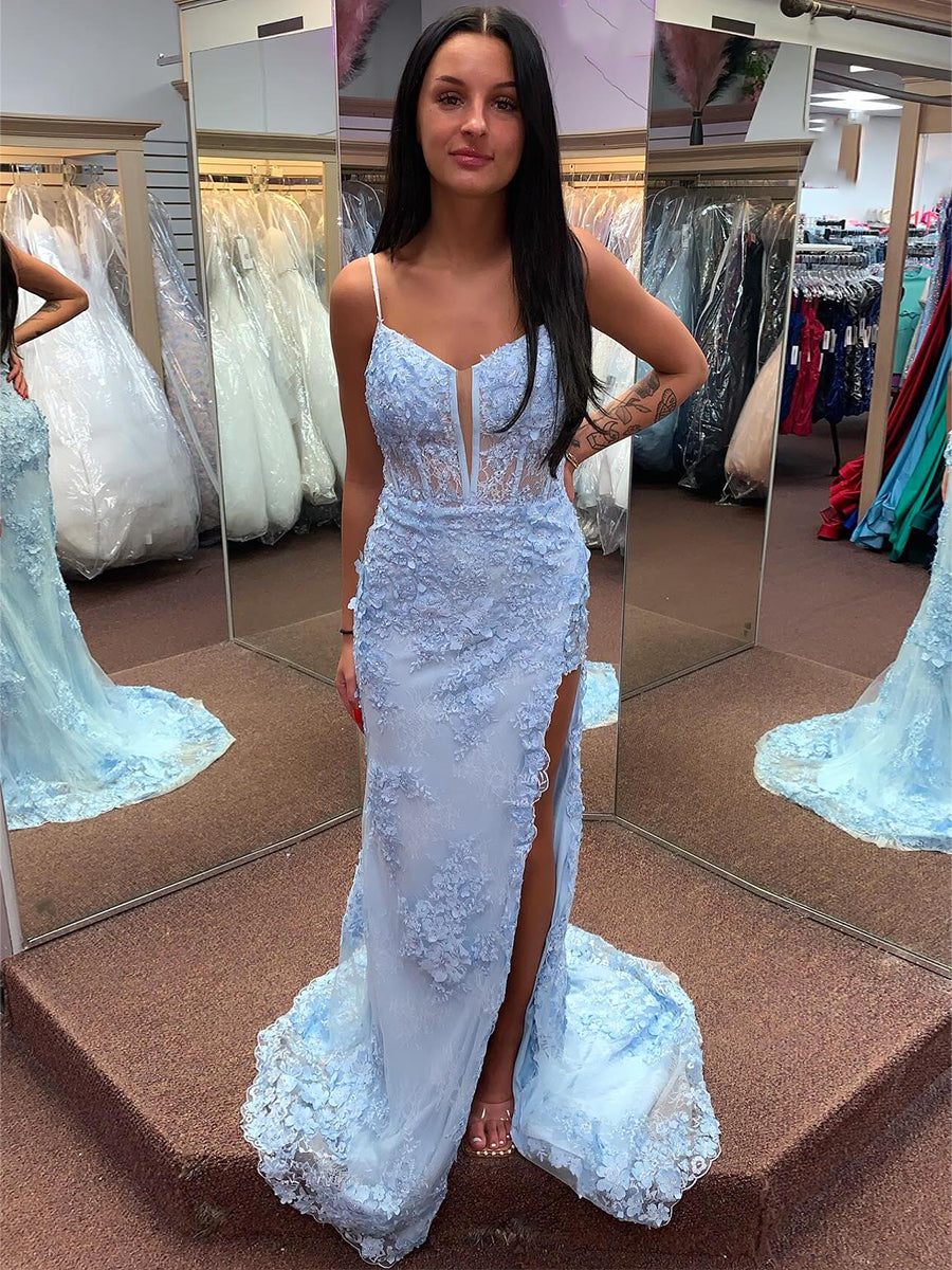 Light Blue 3D Floral Lace Long Corset Prom Dress with Slit