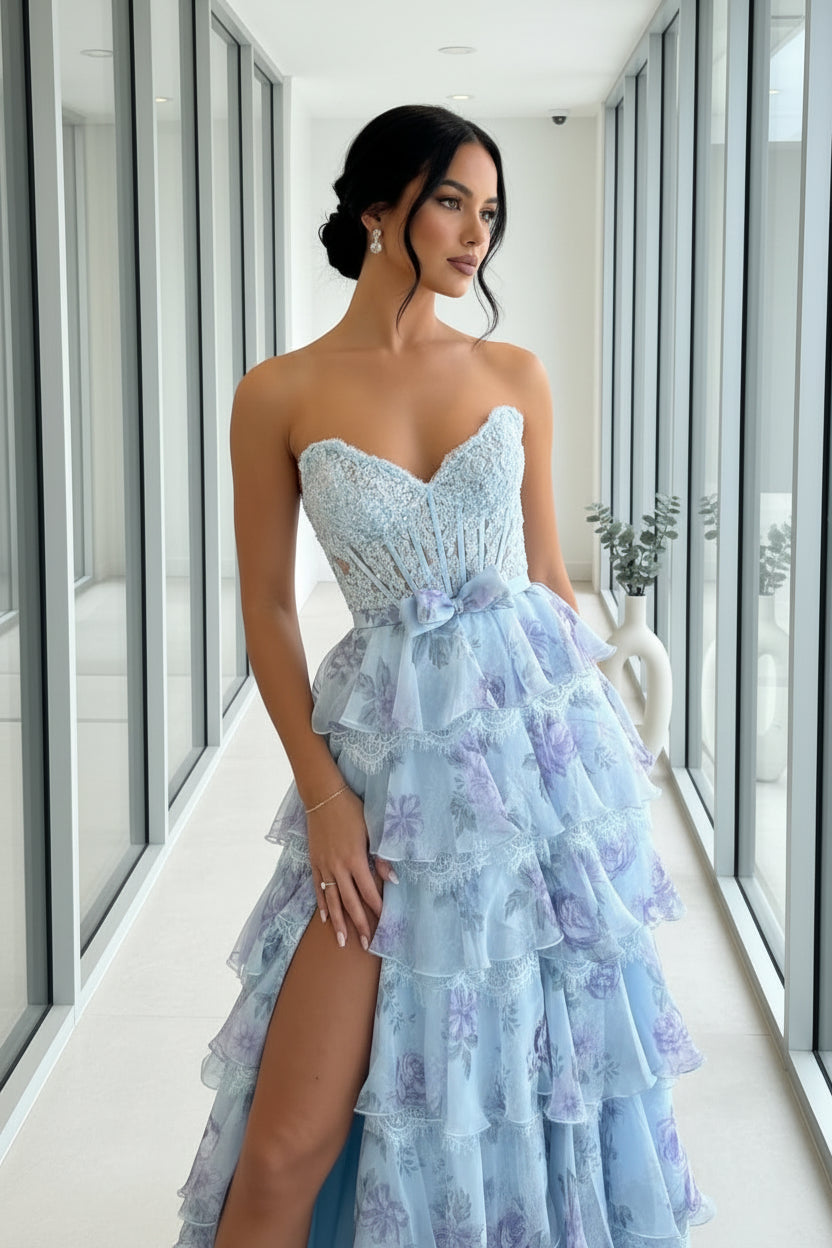 Light Blue A-Line Floral Tiered Ruffle Corset Prom Dress with Slit and Lace Up Back