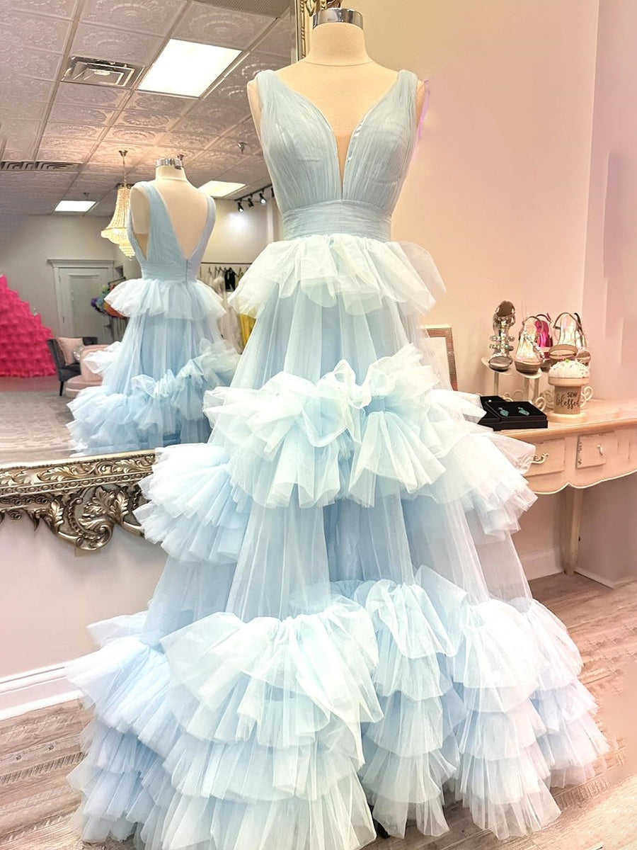 Light Blue A Line Tiered Ruffle Tulle Long Prom Dress