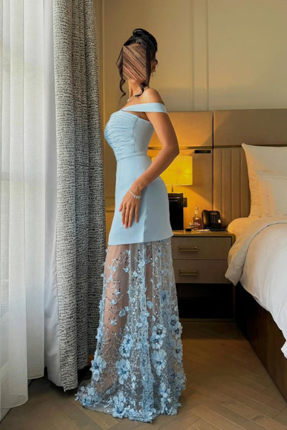 Light Blue Off Shoulder Two Layered Prom Dress