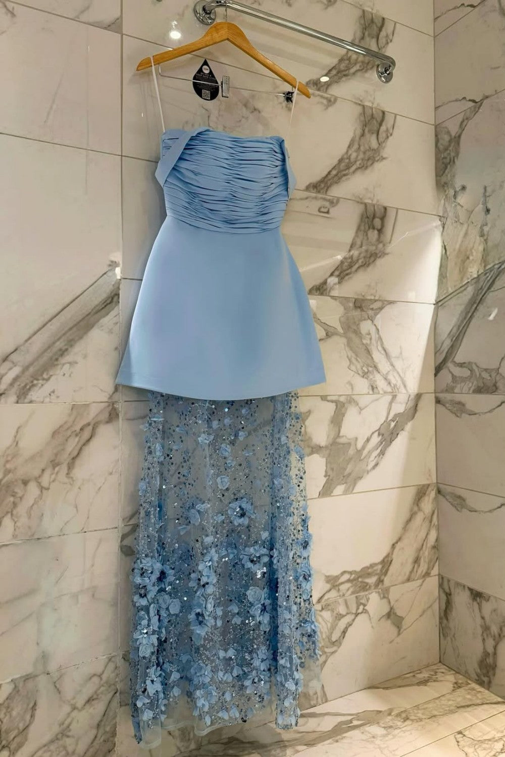 Light Blue Off Shoulder Two Layered Prom Dress