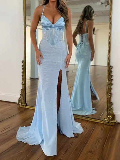 Light Blue Spaghetti Straps Lace-Up Corset Prom Dress with Slit