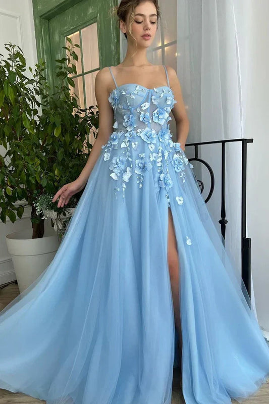 Light Blue Sweetheart 3D Floral A-Line Party Prom Dress