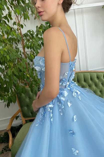 Light Blue Sweetheart 3D Floral A-Line Party Prom Dress