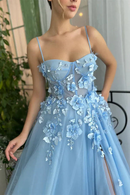 Light Blue Sweetheart 3D Floral A-Line Party Prom Dress