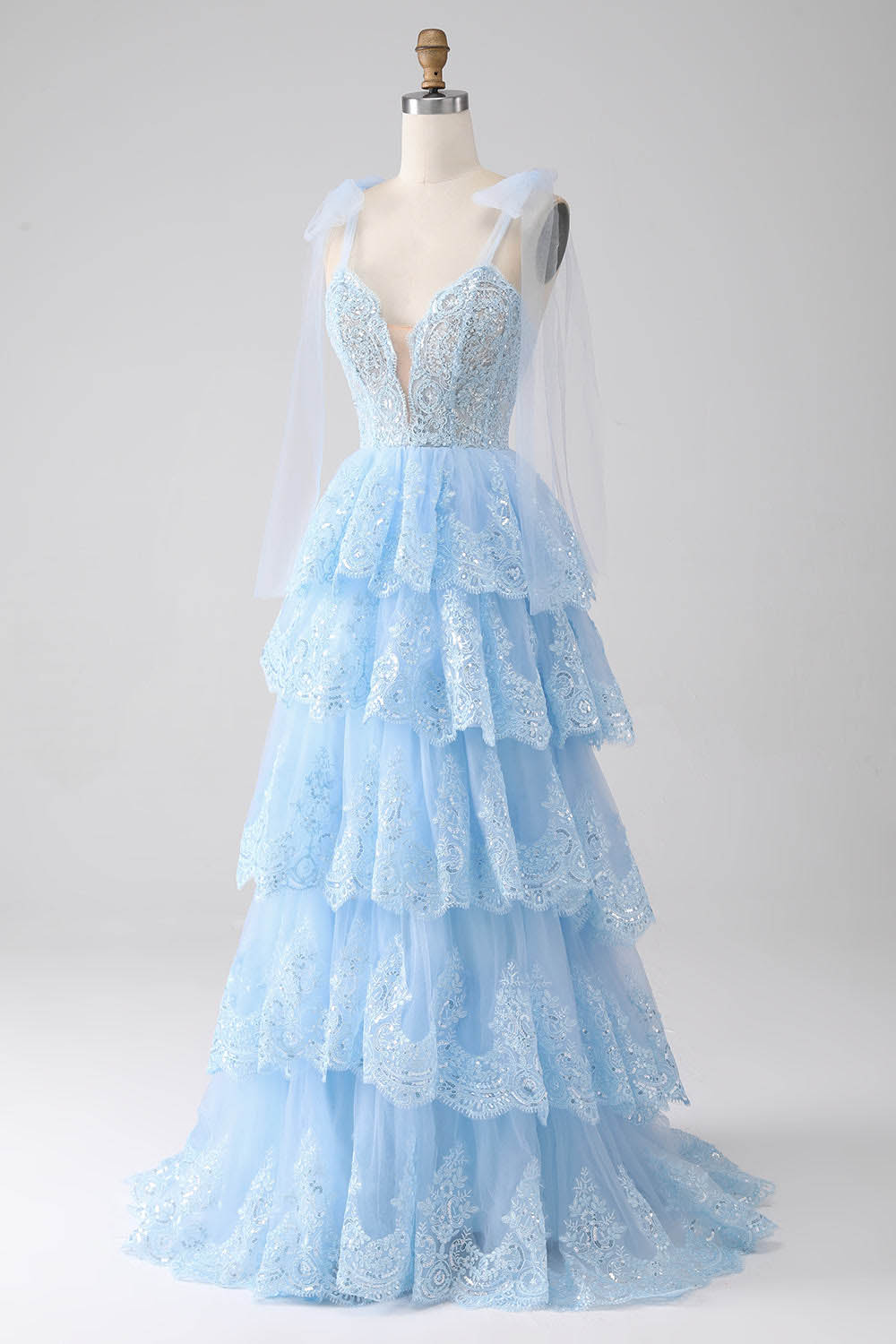 Sequins Lace Prom Dress V Neck Bow Straps Layered Tulle Party Dress
