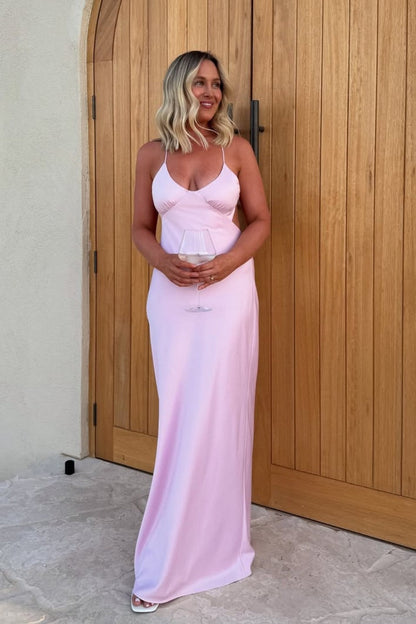 Light Pink V-Neck Spaghetti Strap Open Back  Prom Dress