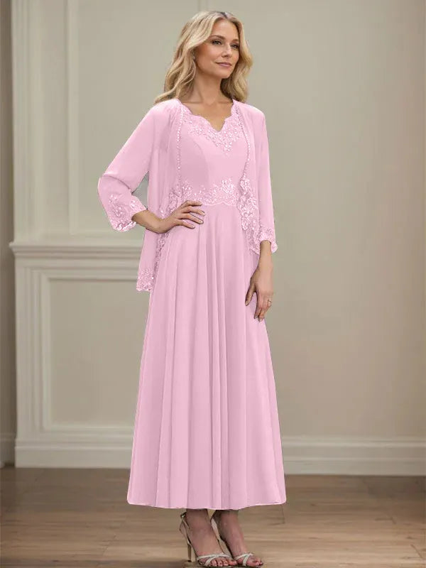 A-line V-Neck Ankle-Length Chiffon Mother of the Bride Dress