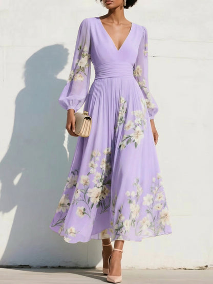 V-Neck Print-Chiffon Pleated Tea-Length Mother of the Bride Dress