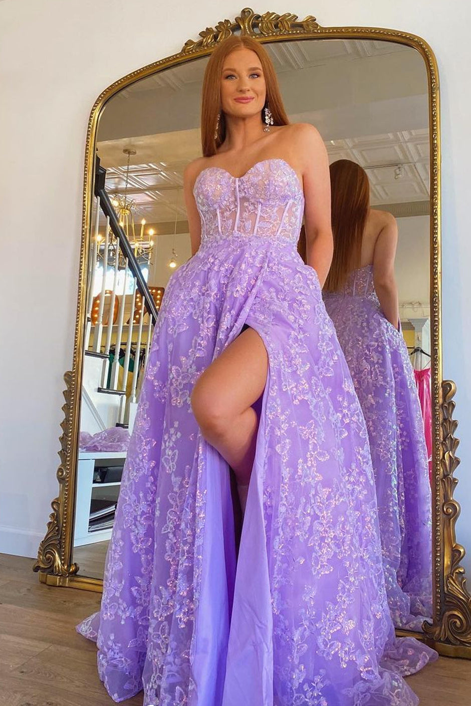 Lilac Lace Corset Sweetheart Strapless A-line Prom Dress