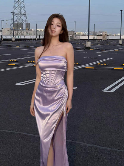 Lilac Silk Satin High Slit Lace Up Back Sheath Prom Dress