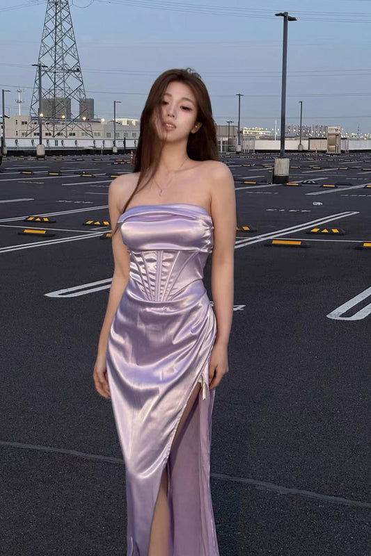 Lilac Silk Satin High Slit Lace Up Back Sheath Prom Dress
