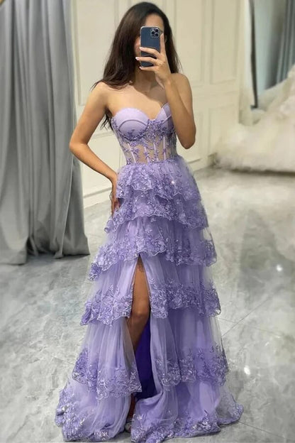 Lilac Tulle Layered A-line Sweetheart Lace Appliques Prom Dress