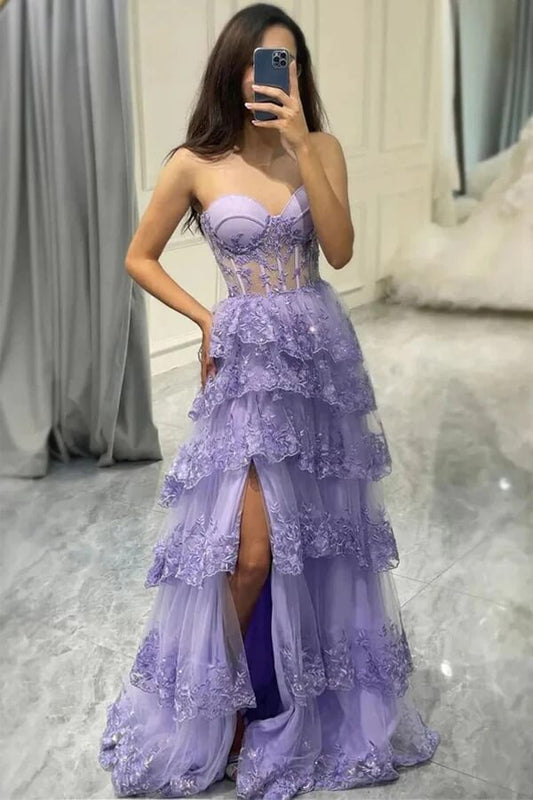 Lilac Tulle Layered A-line Sweetheart Lace Appliques Prom Dress