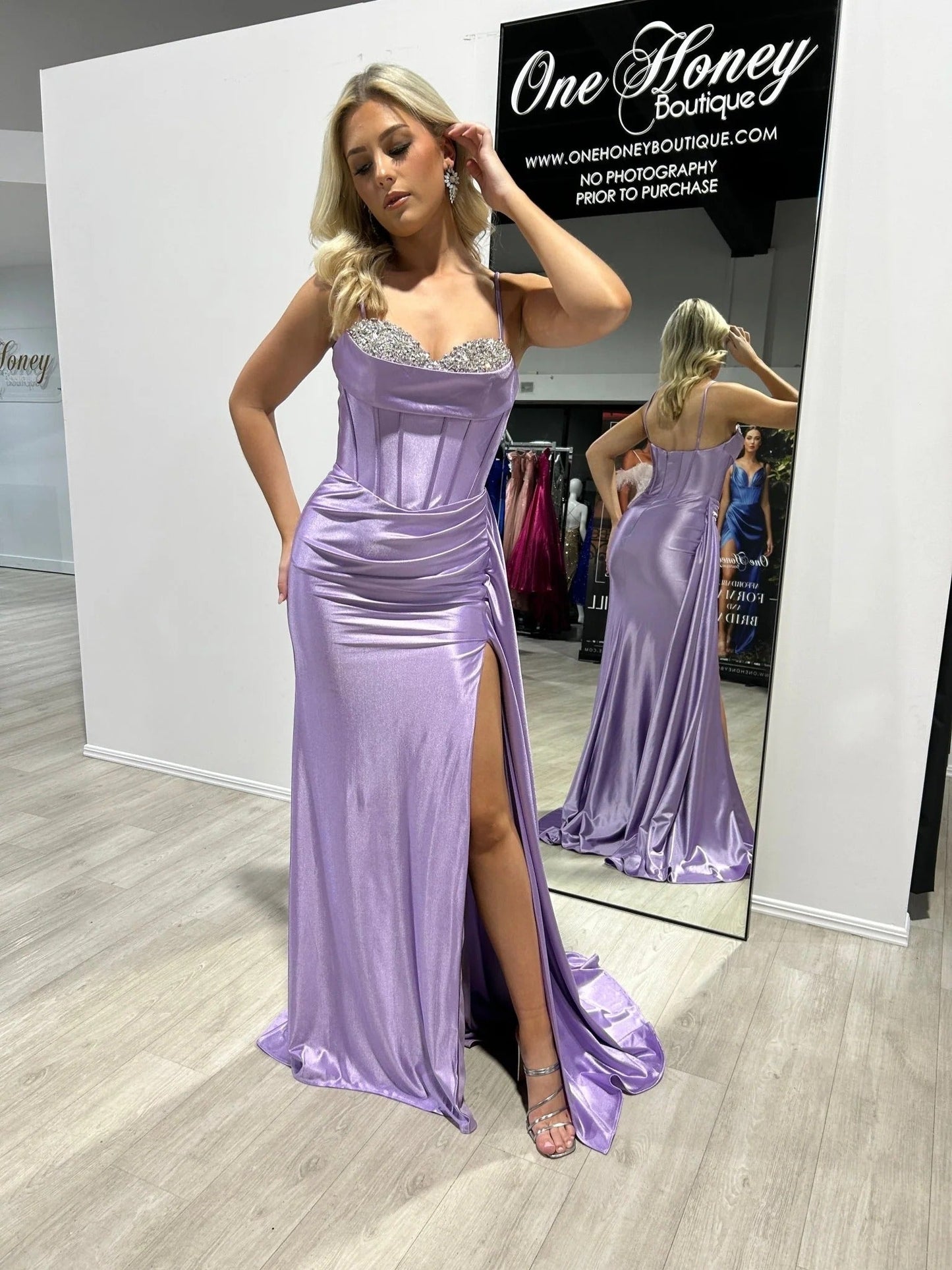 Crystal Sexy Slit Spaghetti Strap Formal Evening Dress