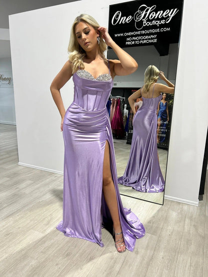 Crystal Sexy Slit Spaghetti Strap Formal Evening Dress