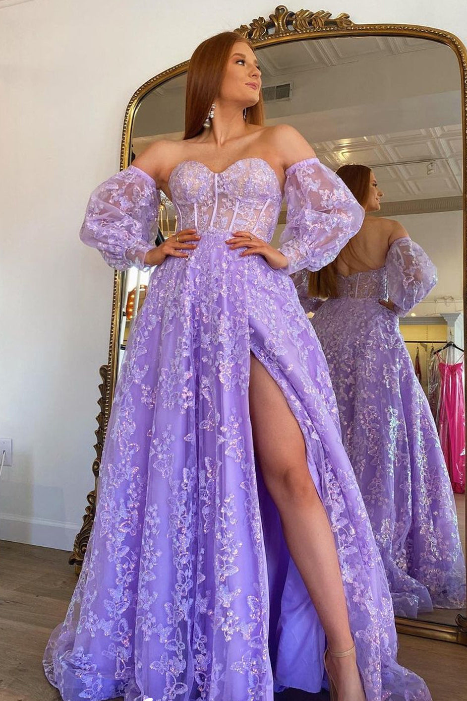 Lilac Lace Corset Sweetheart Strapless A-line Prom Dress