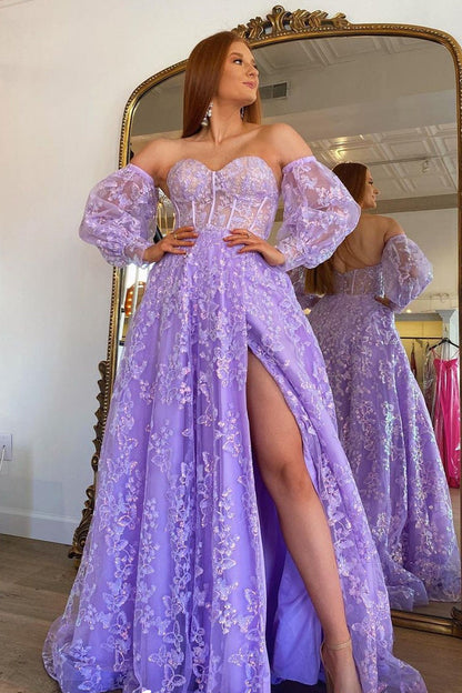 Lilac Lace Corset Sweetheart Strapless A-line Prom Dress