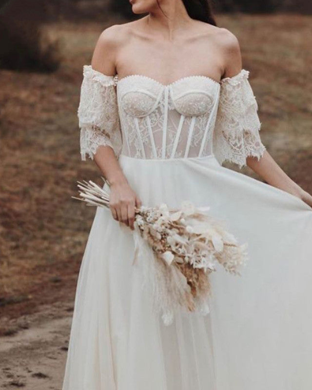 Lace See Through Corset Boho Wedding Dress With Sleeves